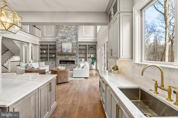 Fireplace, Interior, Kitchen, Living room, Pendant Lights, Stone Walls, Wood Texture Flooring
