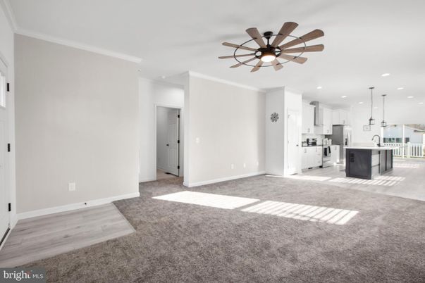 Empty room, Interior, Kitchen, Pendant Lights, Recessed Lighting, Wood Texture Flooring