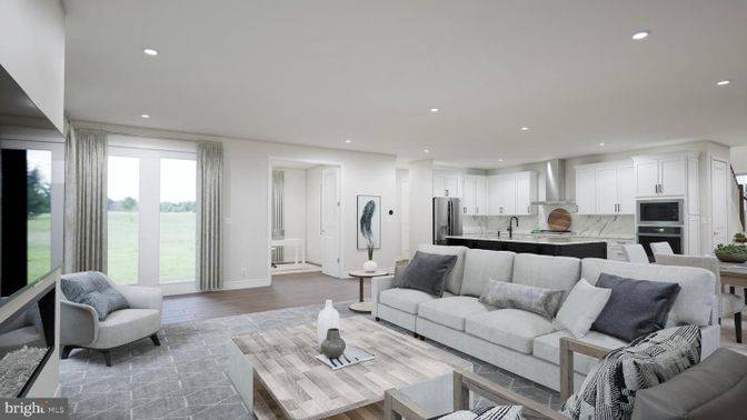 Dining room, Interior, Kitchen, Living room, Recessed Lighting, Stainless Steel Appliances, Wood Texture Flooring