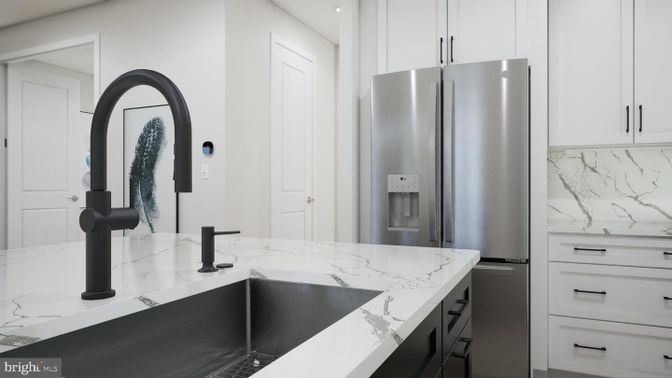 Interior, Kitchen, Marble Walls, Recessed Lighting, Stainless Steel Appliances