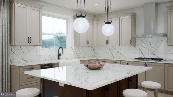 Interior, Kitchen, Marble Walls, Pendant Lights, Recessed Lighting