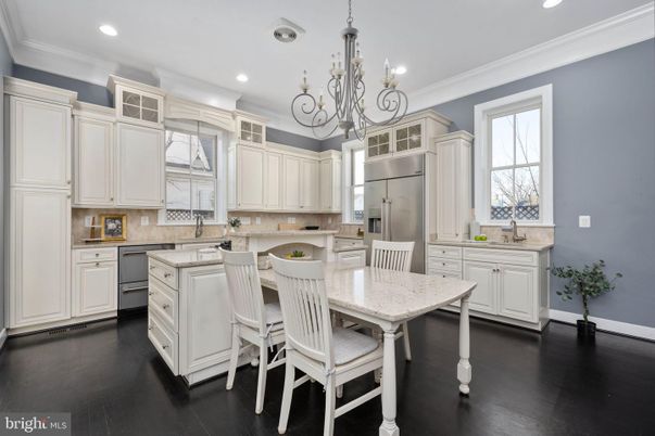 Chandelier, Interior, Kitchen, Recessed Lighting, Stainless Steel Appliances, Wood Texture Flooring