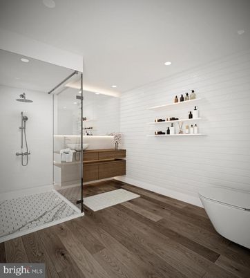 Bathroom, Glass Shower, Interior, Recessed Lighting, Wood Texture Flooring