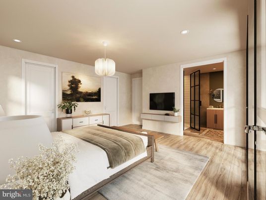 Bedroom, Interior, Pendant Lights, Recessed Lighting, Wood Texture Flooring