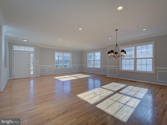 Chandelier, Empty room, Interior, Recessed Lighting, Wood Texture Flooring