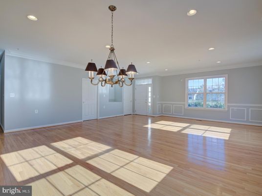 Chandelier, Empty room, Interior, Recessed Lighting, Wood Texture Flooring