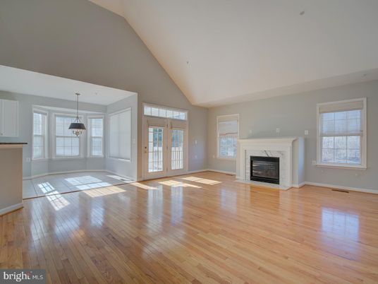Empty room, Fireplace, Interior, Pendant Lights, Wood Texture Flooring