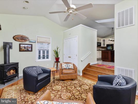 Fireplace, Interior, Kitchen, Living room, Recessed Lighting, Wood Texture Flooring