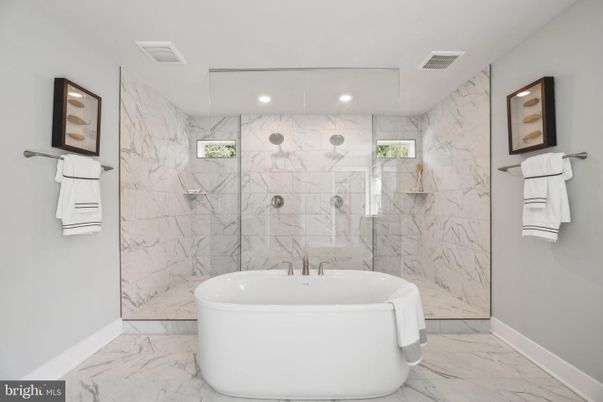 Bathroom, Free Standing Baths, Glass Shower, Interior, Marble, Marble Walls, Recessed Lighting