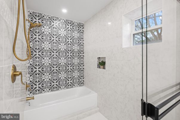 Bathroom, Glass Shower, Interior, Marble Walls, Recessed Lighting