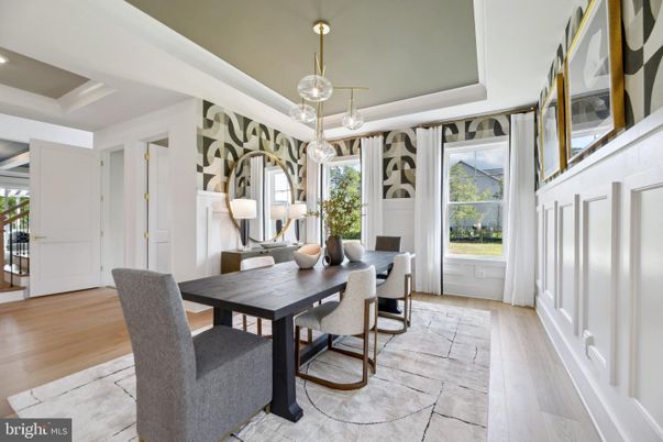 Dining room, Interior, Pendant Lights, Recessed Lighting, Wood Texture Flooring