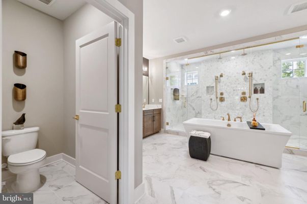 Bathroom, Free Standing Baths, Glass Shower, Interior, Marble, Marble Walls, Recessed Lighting