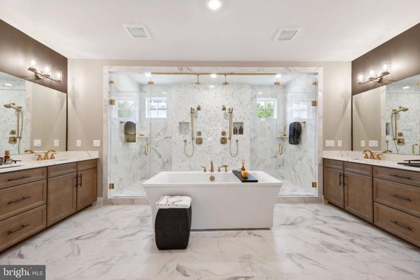Bathroom, Dual Sink Vanities, Glass Shower, Interior, Marble, Marble Walls, Recessed Lighting
