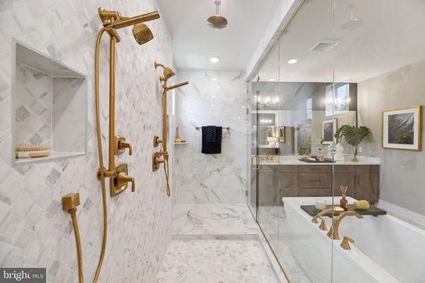 Bathroom, Dual Sink Vanities, Glass Shower, Interior, Marble, Marble Walls, Recessed Lighting