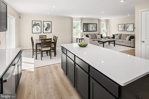 Dining room, Interior, Kitchen, Living room, Recessed Lighting, Wood Texture Flooring