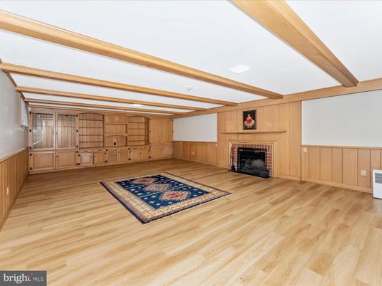 Empty room, Fireplace, Interior, Recessed Lighting, Wooden Beams, Wood Texture Flooring, Wooden Walls