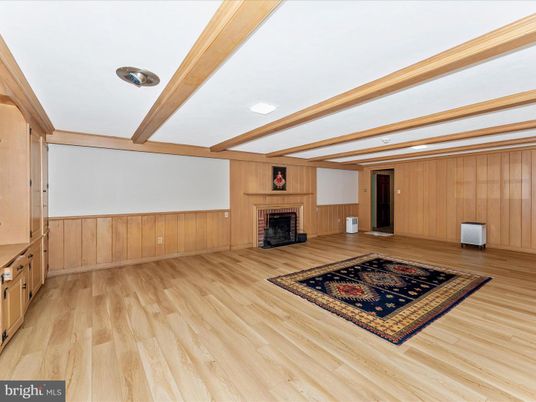 Empty room, Fireplace, Interior, Recessed Lighting, Wooden Beams, Wood Texture Flooring, Wooden Walls
