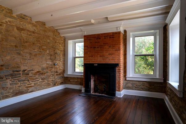 Empty room, Fireplace, Interior, Stone Walls, Wood Texture Flooring