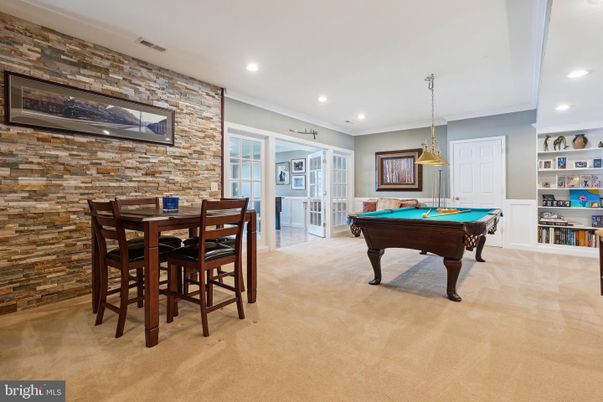 Billiard Table, Dining room, Game Room, Interior, Pendant Lights, Recessed Lighting, Stone Walls