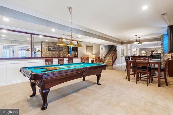 Billiard Table, Game Room, Interior, Pendant Lights, Recessed Lighting, Stone Walls