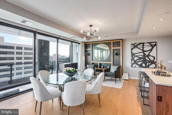 Dining room, Interior, Living room, Pendant Lights, Recessed Lighting, Wood Texture Flooring