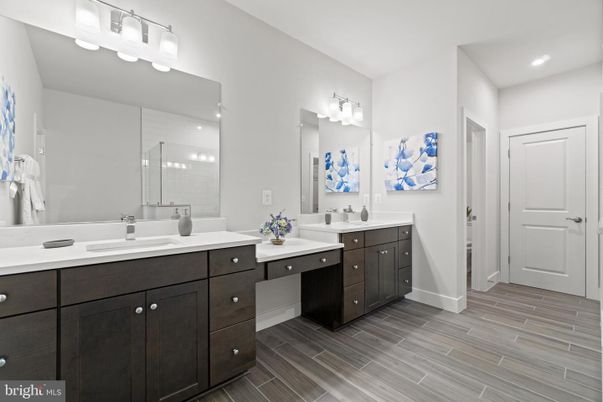Bathroom, Dual Sink Vanities, Interior, Recessed Lighting, Wood Texture Flooring