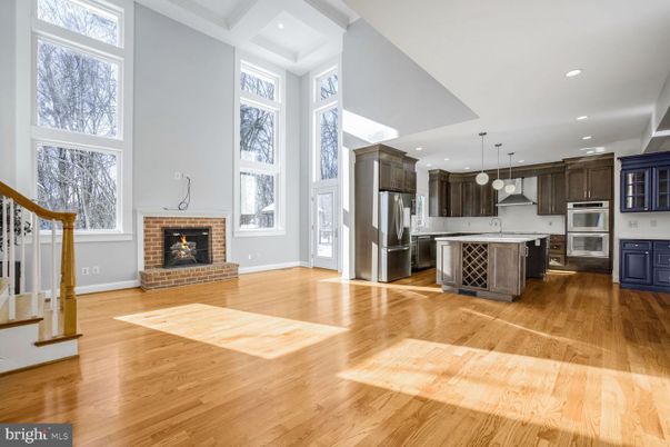 Fireplace, Interior, Kitchen, Pendant Lights, Recessed Lighting, Stainless Steel Appliances, Wood Texture Flooring