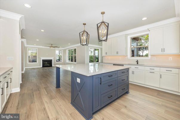 Fireplace, Interior, Kitchen, Pendant Lights, Recessed Lighting, Wood Texture Flooring