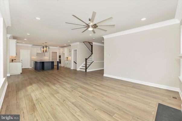 Empty room, Interior, Kitchen, Pendant Lights, Recessed Lighting, Wood Texture Flooring