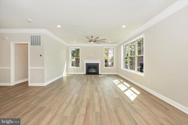 Empty room, Fireplace, Interior, Recessed Lighting, Wood Texture Flooring
