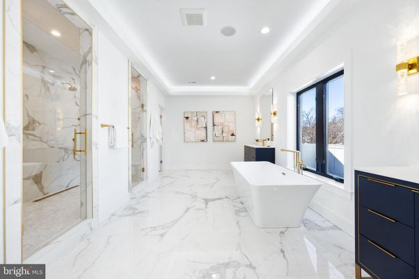 Bathroom, Free Standing Baths, Glass Shower, Interior, Marble, Marble Walls, Recessed Lighting