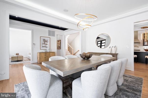 Dining room, Interior, Pendant Lights, Wood Texture Flooring
