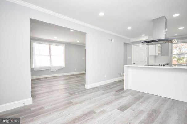 Empty room, Interior, Kitchen, Recessed Lighting, Wood Texture Flooring