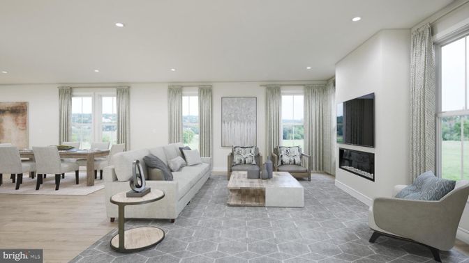 Dining room, Fireplace, Interior, Living room, Recessed Lighting, Wood Texture Flooring