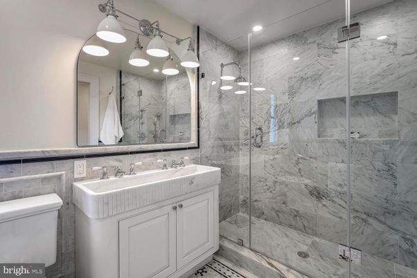 Bathroom, Glass Shower, Interior, Marble Walls, Recessed Lighting