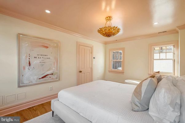 Bedroom, Chandelier, Interior, Recessed Lighting, Wood Texture Flooring
