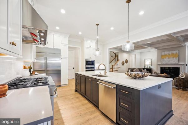 Fireplace, Interior, Kitchen, Pendant Lights, Recessed Lighting, Stainless Steel Appliances, Wood Texture Flooring