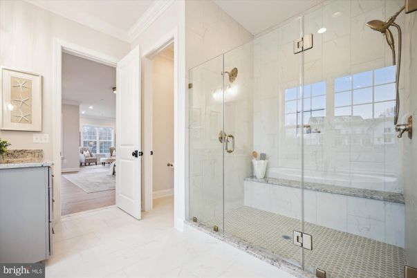 Bathroom, Glass Shower, Interior, Marble, Marble Walls, Recessed Lighting, Wood Texture Flooring