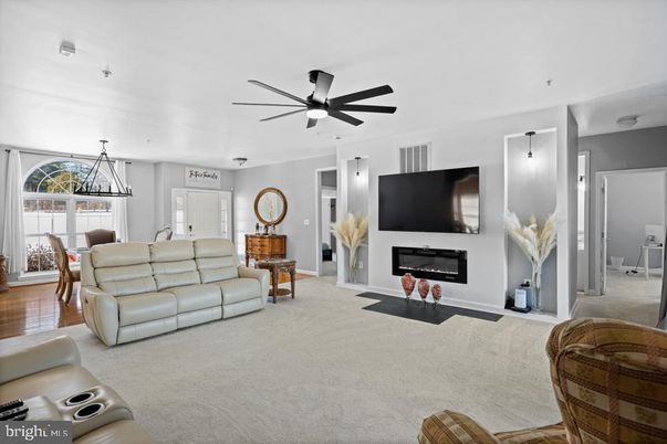 Dining room, Fireplace, Interior, Living room, Pendant Lights, Wood Texture Flooring