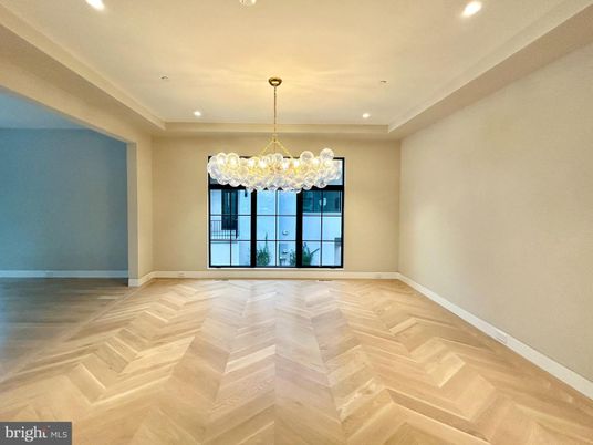 Chandelier, Empty room, Interior, Recessed Lighting, Wood Texture Flooring