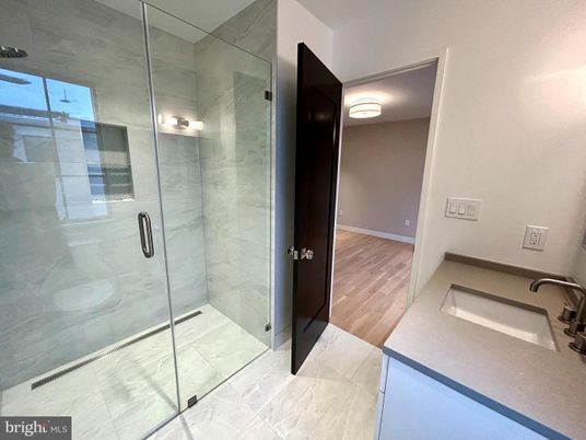 Bathroom, Glass Shower, Interior, Marble, Marble Walls, Wood Texture Flooring