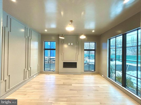 Empty room, Fireplace, Interior, Recessed Lighting, Wood Texture Flooring