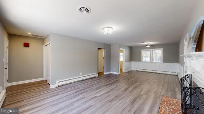 Empty room, Fireplace, Interior, Recessed Lighting, Wood Texture Flooring