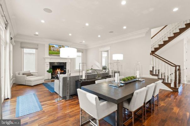 Dining room, Fireplace, Interior, Living room, Recessed Lighting, Wood Texture Flooring