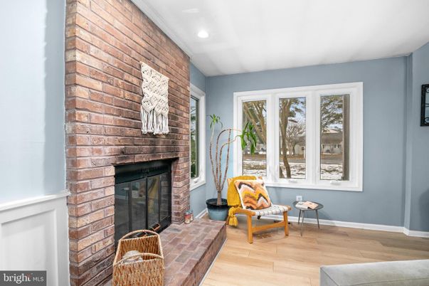 Fireplace, Interior, Recessed Lighting, Stone Walls, Wood Texture Flooring