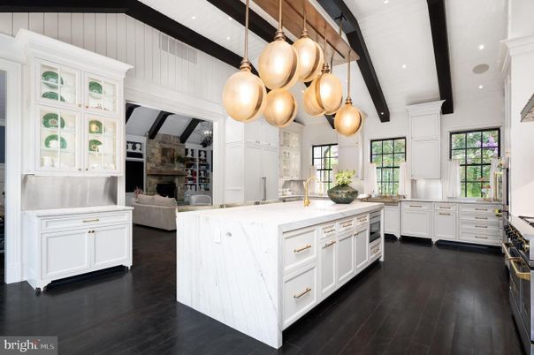 Interior, Kitchen, Pendant Lights, Recessed Lighting, Stainless Steel Appliances, Wooden Beams, Wood Texture Flooring