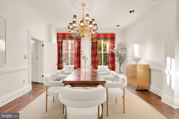 Chandelier, Dining room, Interior, Recessed Lighting, Wood Texture Flooring