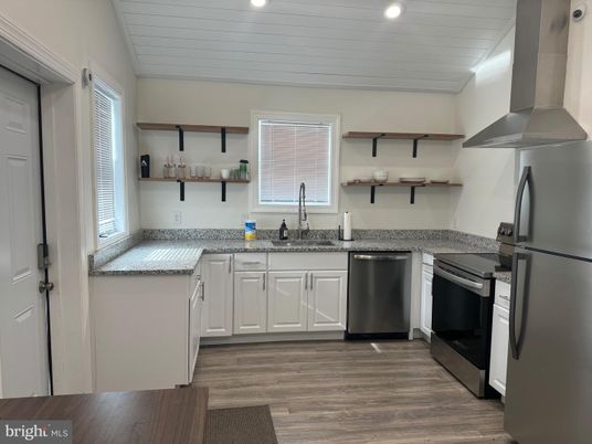 Interior, Kitchen, Recessed Lighting, Stainless Steel Appliances, Wood Texture Flooring