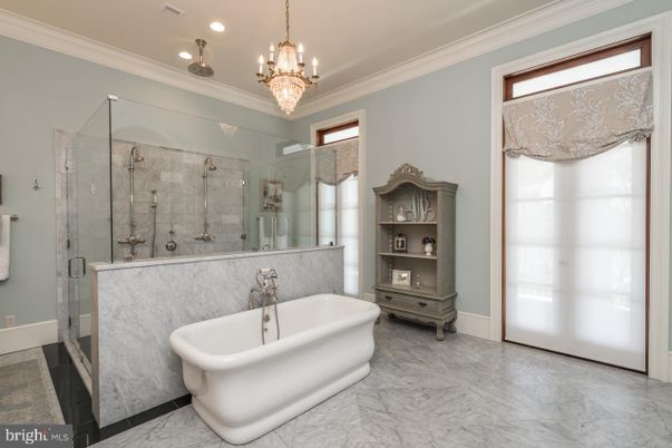 Bathroom, Chandelier, Free Standing Baths, Glass Shower, Interior, Marble, Recessed Lighting