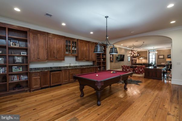 Billiard Table, Chandelier, Game Room, Interior, Pendant Lights, Recessed Lighting, Wood Texture Flooring